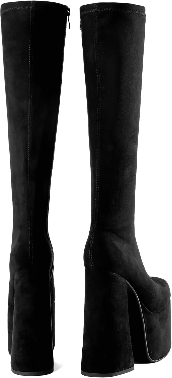 Tsrenlmln Outer waterproof platform boots, square toe thick heel with ankle straps, side zippered elastic apricot high boots