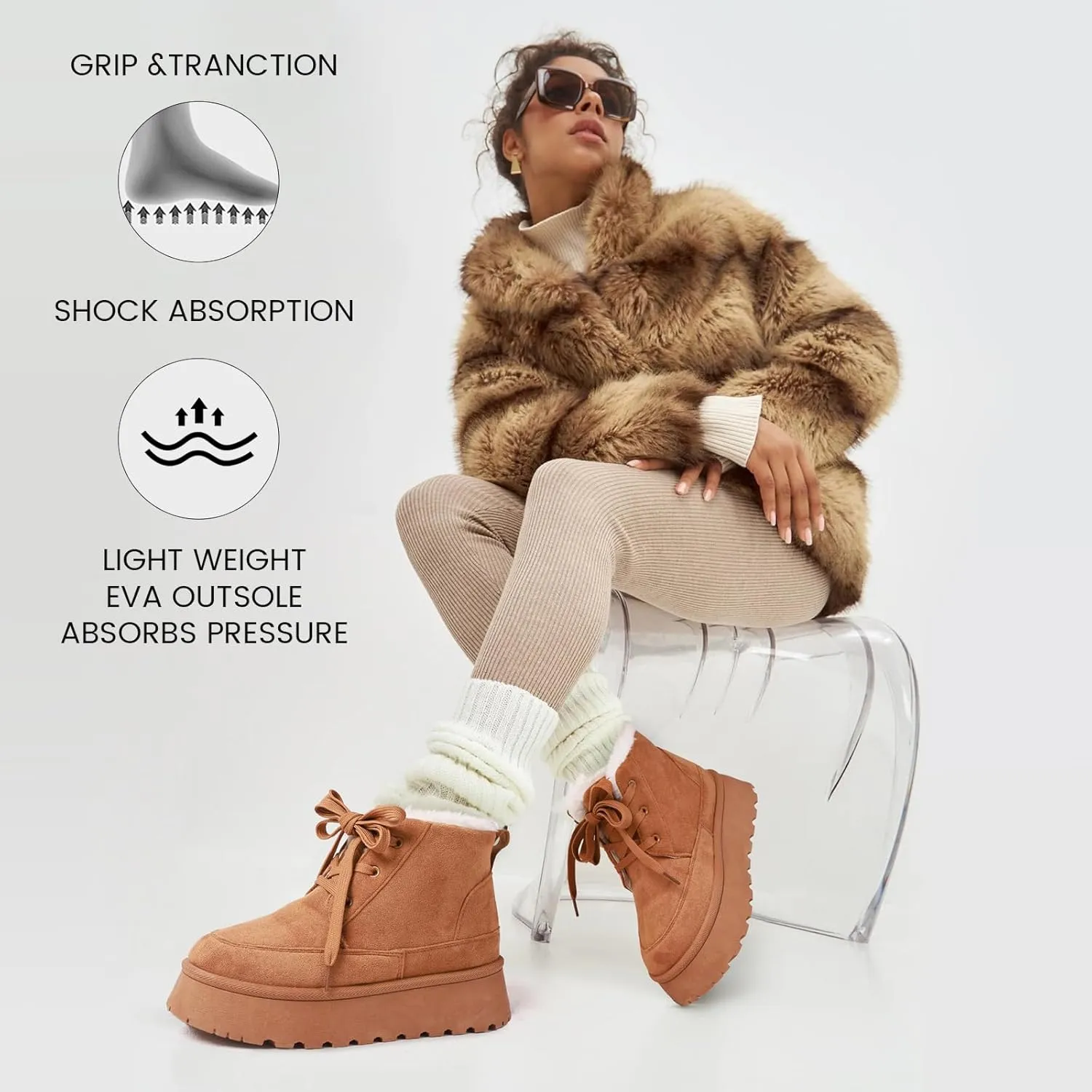 Uacllcau Platform Mini Boots for Women Winter Boots Warm Faux Fur Lining Lace Up Ankle Boots for Women Anti-Slip Short Snow Booties with Memory Foam Insole for Indoor & Outdoor