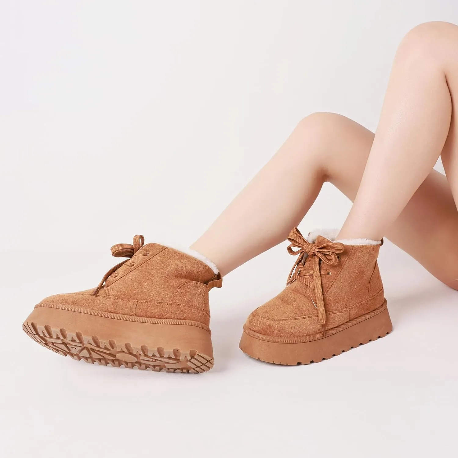 Uacllcau Platform Mini Boots for Women Winter Boots Warm Faux Fur Lining Lace Up Ankle Boots for Women Anti-Slip Short Snow Booties with Memory Foam Insole for Indoor & Outdoor