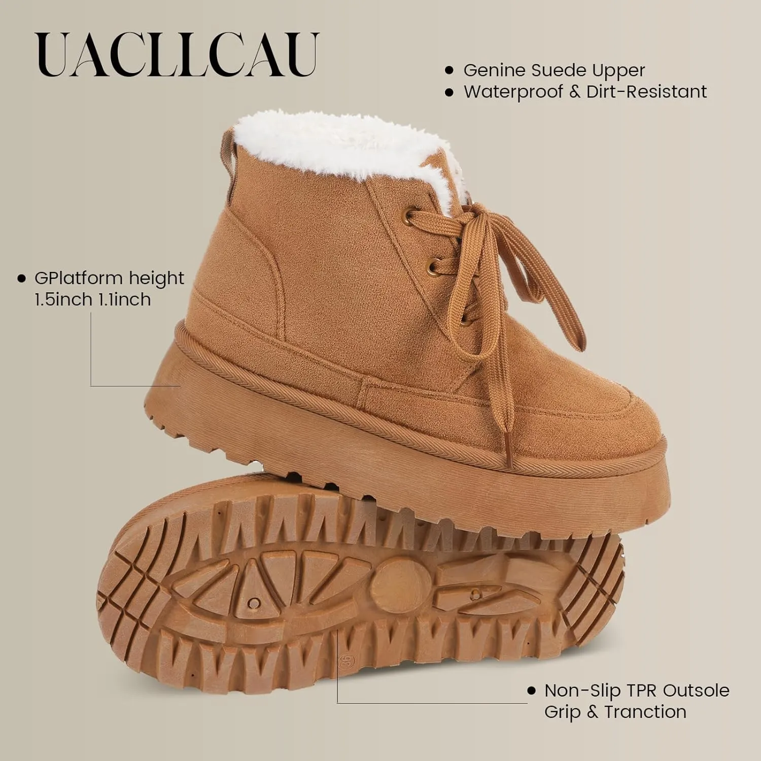 Uacllcau Platform Mini Boots for Women Winter Boots Warm Faux Fur Lining Lace Up Ankle Boots for Women Anti-Slip Short Snow Booties with Memory Foam Insole for Indoor & Outdoor