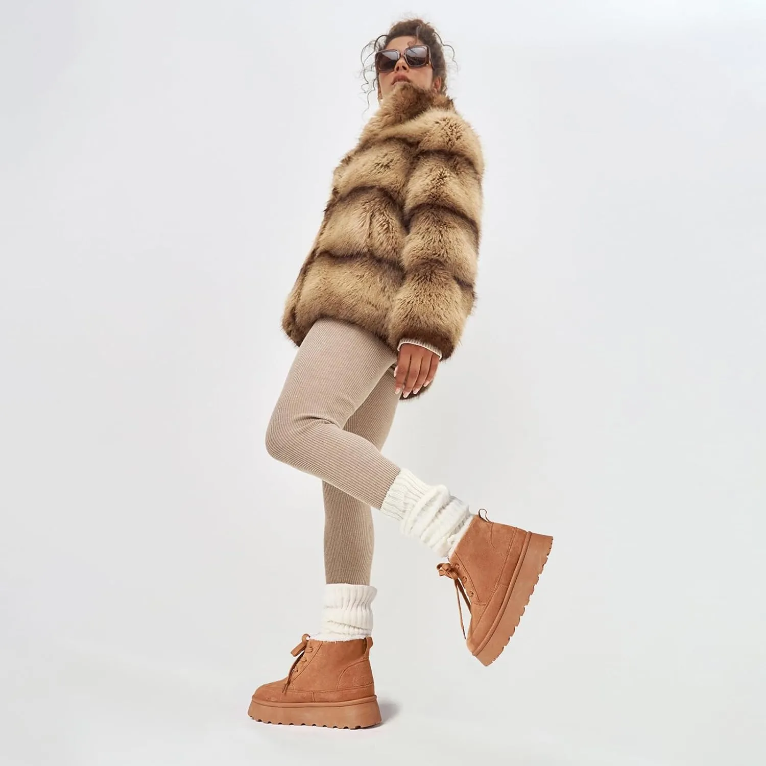 Uacllcau Platform Mini Boots for Women Winter Boots Warm Faux Fur Lining Lace Up Ankle Boots for Women Anti-Slip Short Snow Booties with Memory Foam Insole for Indoor & Outdoor