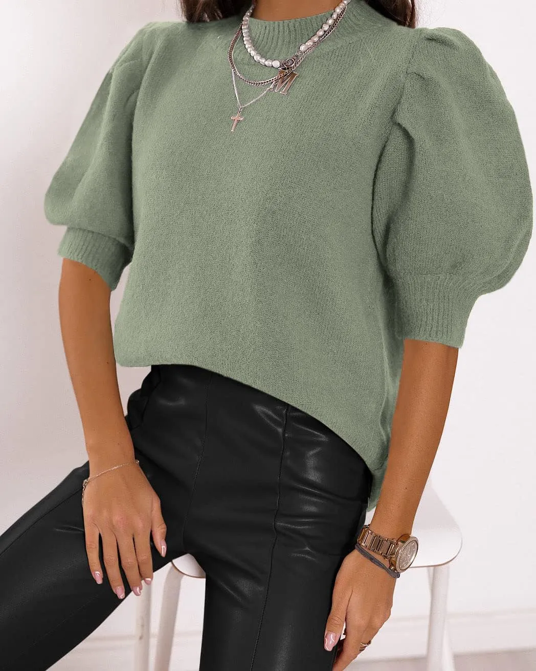 UNCLECAT Women's Puff Short Sleeve Sweaters 2024 Fashion Spring Tops Casual Pullover