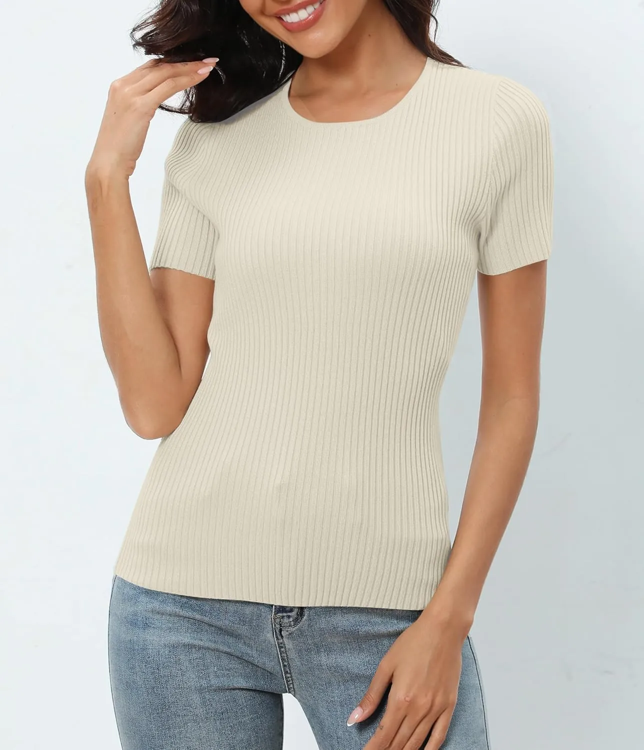 Urban CoCo Women's Short Sleeve T Shirts Summer Crewneck Tops Ribbed Knit Slim Fit Shirt Casual Basic Tees Tops