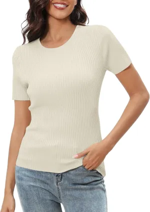 Urban CoCo Women's Short Sleeve T Shirts Summer Crewneck Tops Ribbed Knit Slim Fit Shirt Casual Basic Tees Tops
