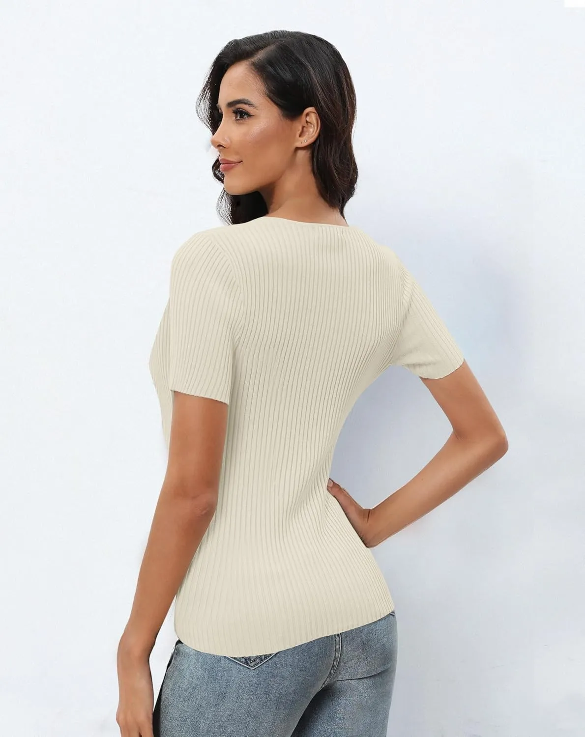 Urban CoCo Women's Short Sleeve T Shirts Summer Crewneck Tops Ribbed Knit Slim Fit Shirt Casual Basic Tees Tops