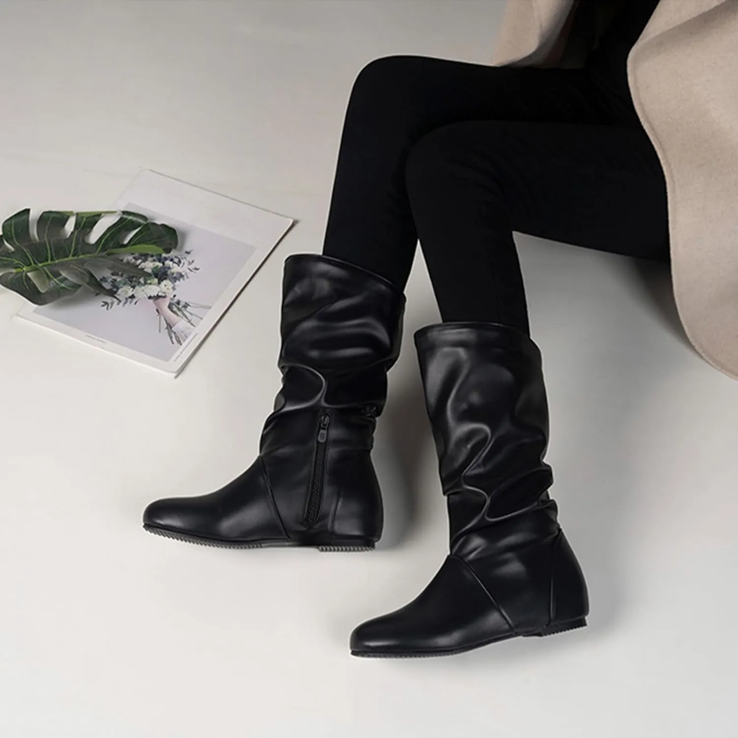 US 5-13.5 Oversize Women Slouch Mid Calf Flat Boots Wedge Low Heel Renaissance Comfort Casual Boots Pull On