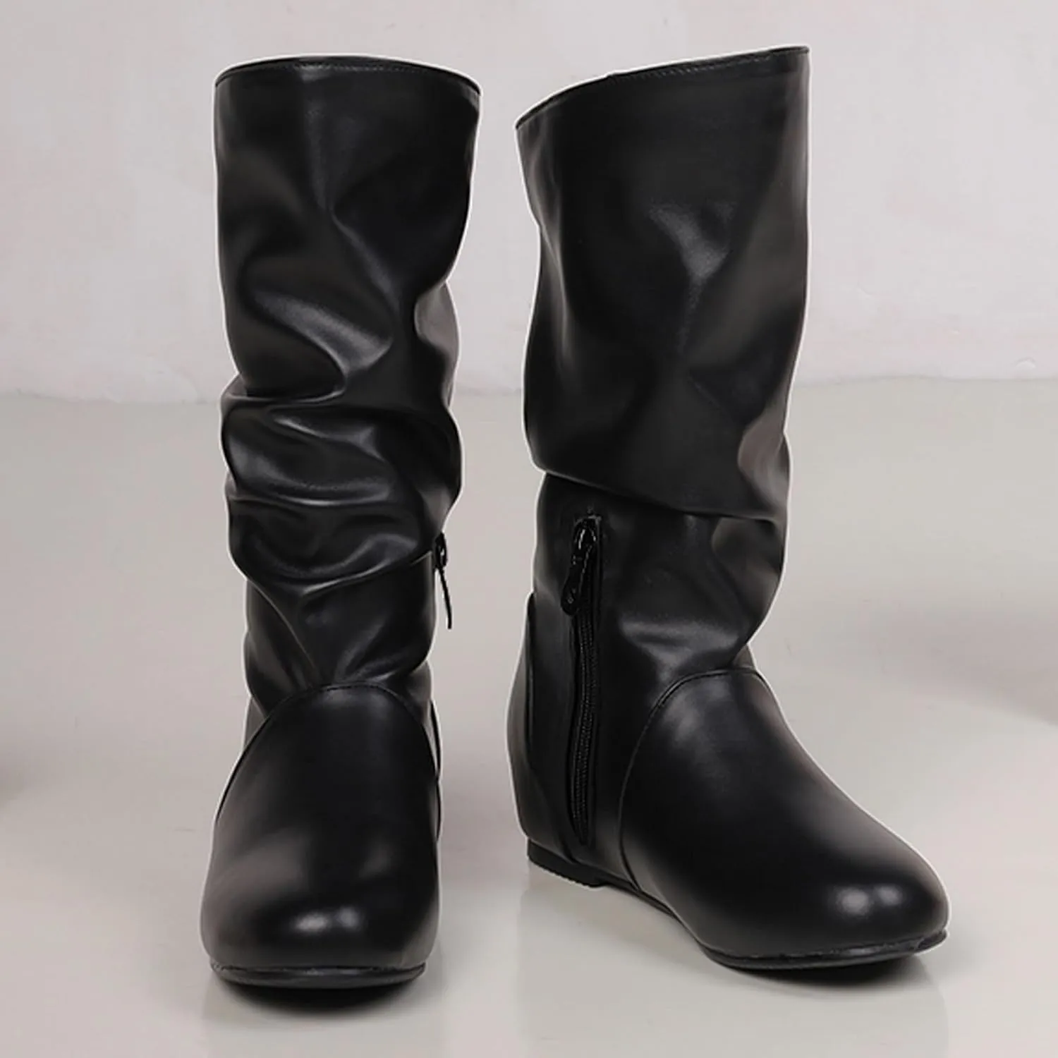US 5-13.5 Oversize Women Slouch Mid Calf Flat Boots Wedge Low Heel Renaissance Comfort Casual Boots Pull On