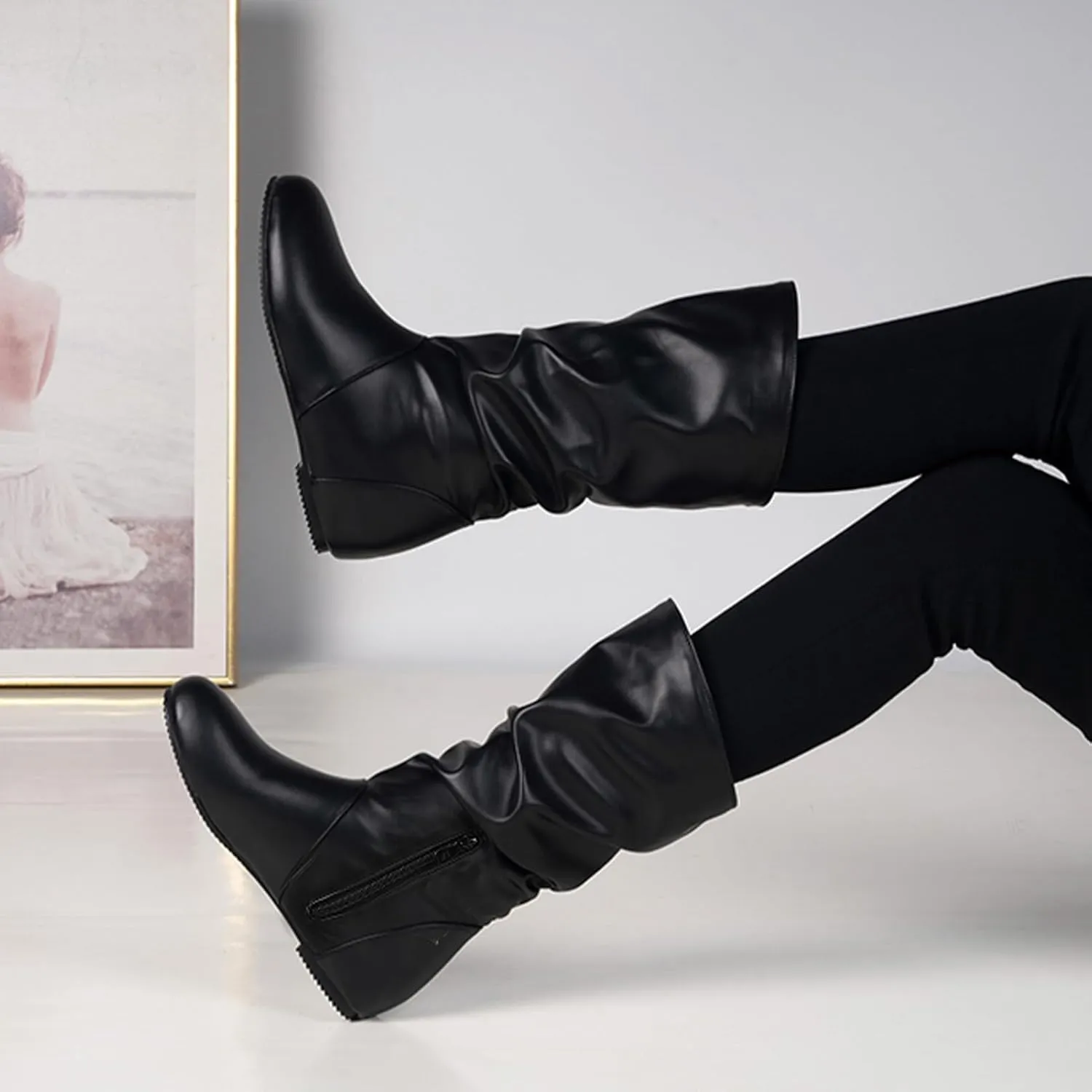 US 5-13.5 Oversize Women Slouch Mid Calf Flat Boots Wedge Low Heel Renaissance Comfort Casual Boots Pull On
