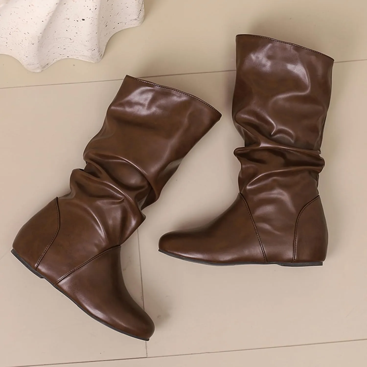 US 5-13.5 Oversize Women Slouch Mid Calf Flat Boots Wedge Low Heel Renaissance Comfort Casual Boots Pull On