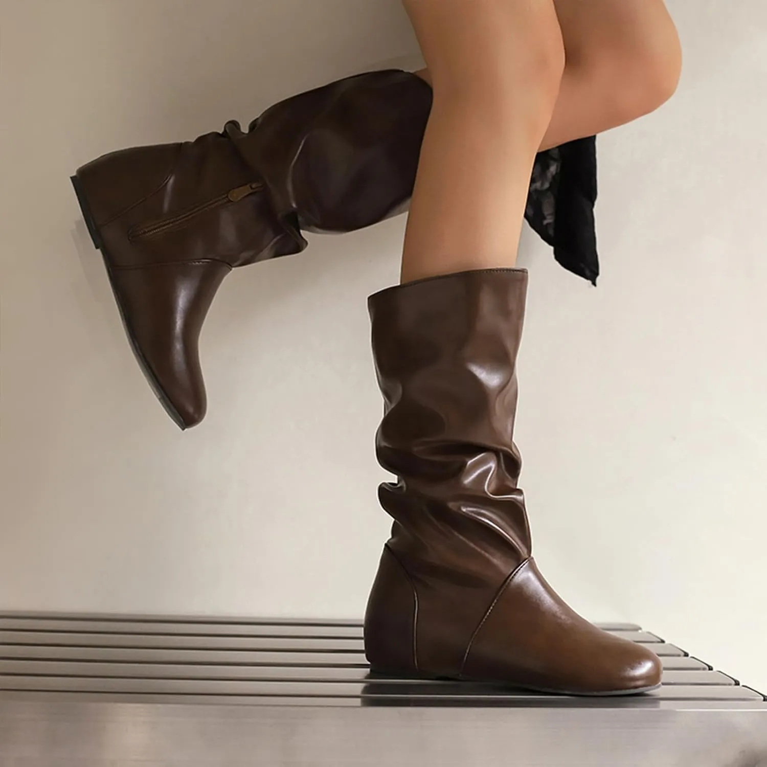 US 5-13.5 Oversize Women Slouch Mid Calf Flat Boots Wedge Low Heel Renaissance Comfort Casual Boots Pull On