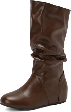 US 5-13.5 Oversize Women Slouch Mid Calf Flat Boots Wedge Low Heel Renaissance Comfort Casual Boots Pull On