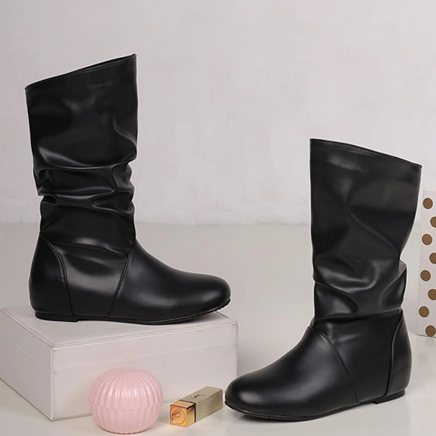 US 5-13.5 Oversize Women Slouch Mid Calf Flat Boots Wedge Low Heel Renaissance Comfort Casual Boots Pull On