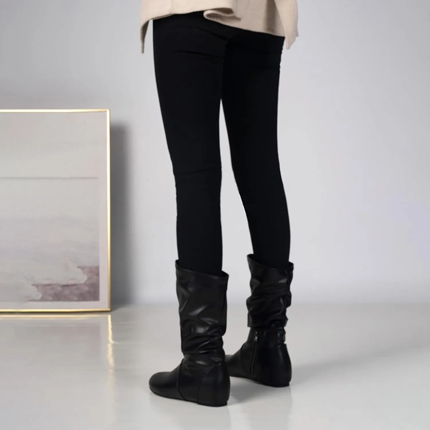 US 5-13.5 Oversize Women Slouch Mid Calf Flat Boots Wedge Low Heel Renaissance Comfort Casual Boots Pull On