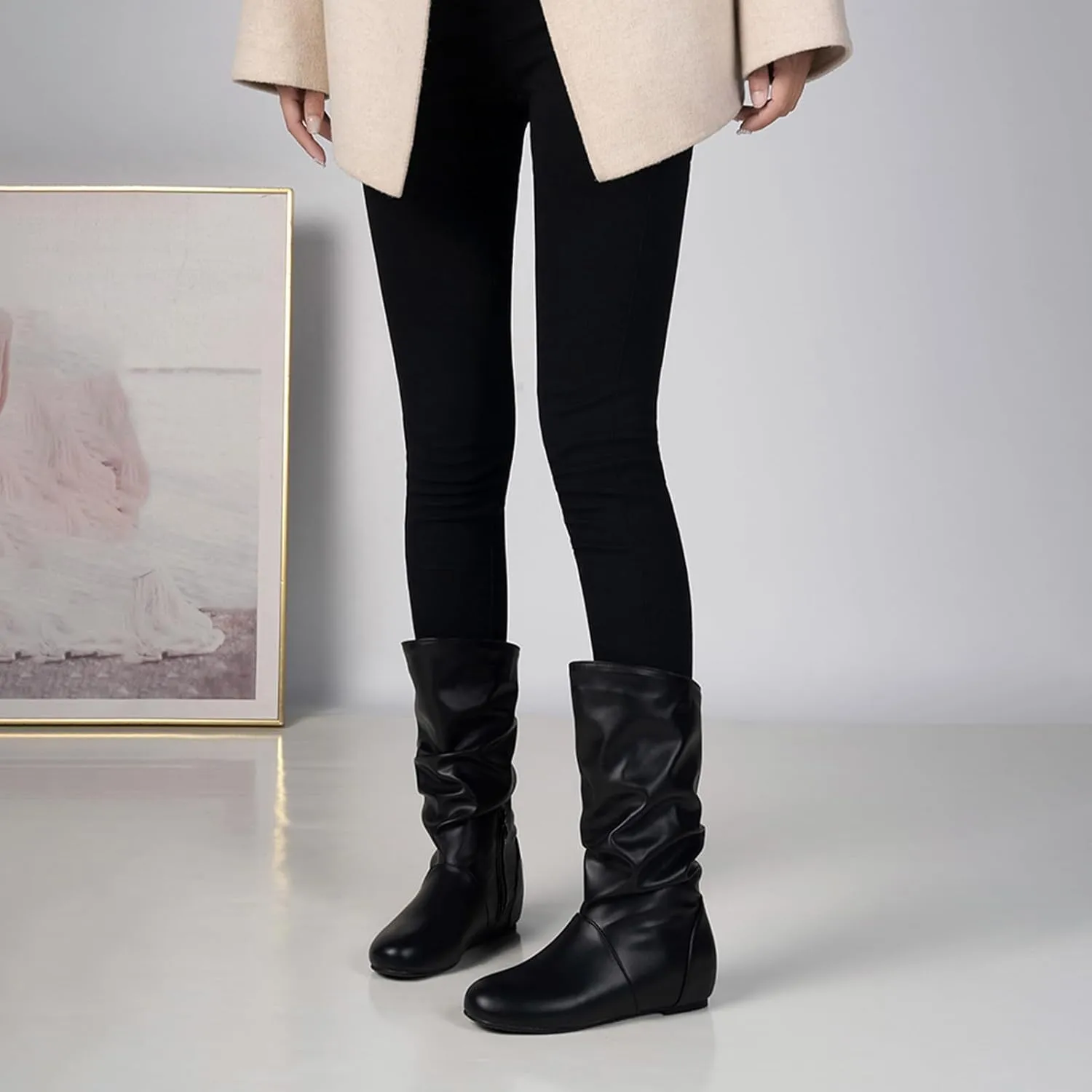 US 5-13.5 Oversize Women Slouch Mid Calf Flat Boots Wedge Low Heel Renaissance Comfort Casual Boots Pull On