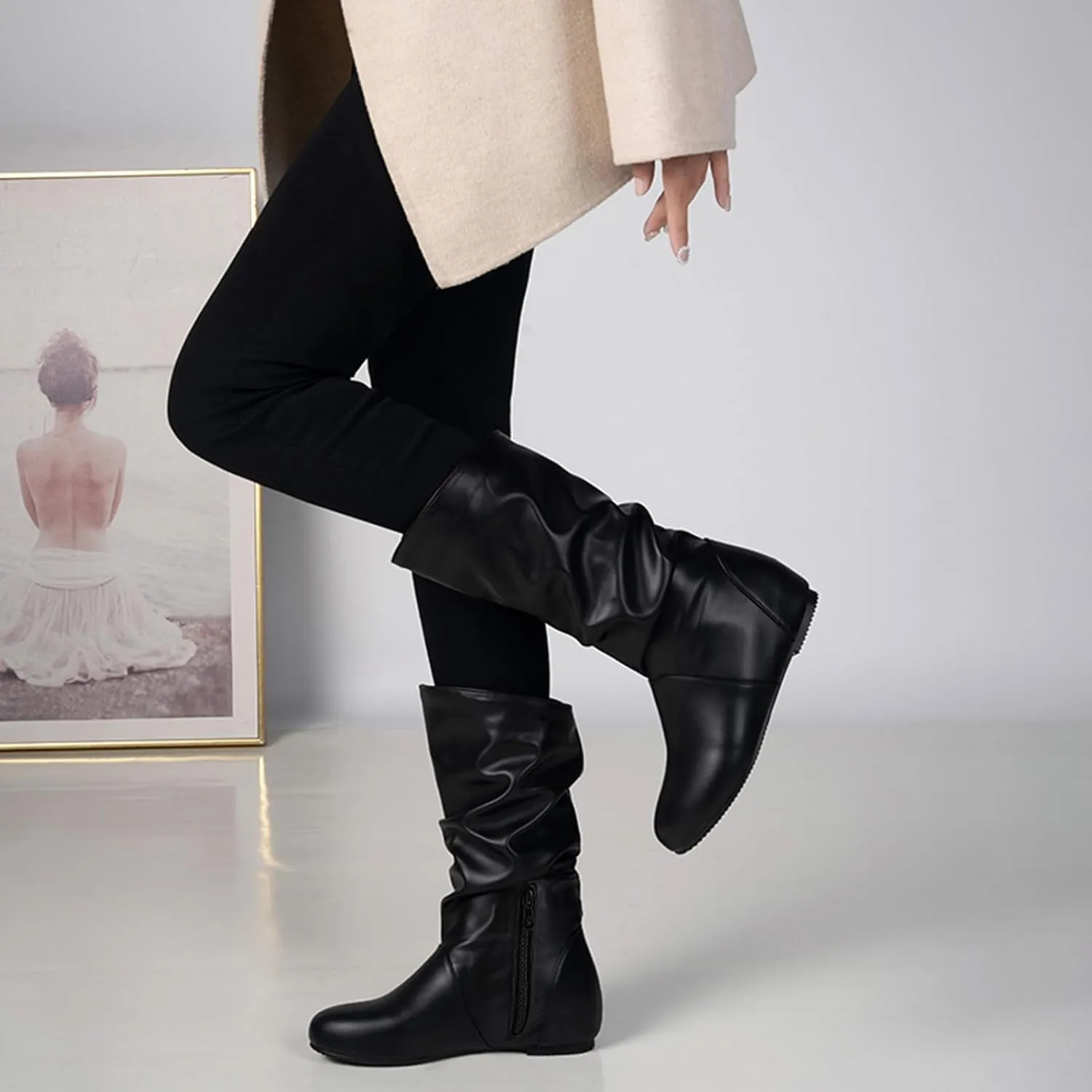 US 5-13.5 Oversize Women Slouch Mid Calf Flat Boots Wedge Low Heel Renaissance Comfort Casual Boots Pull On