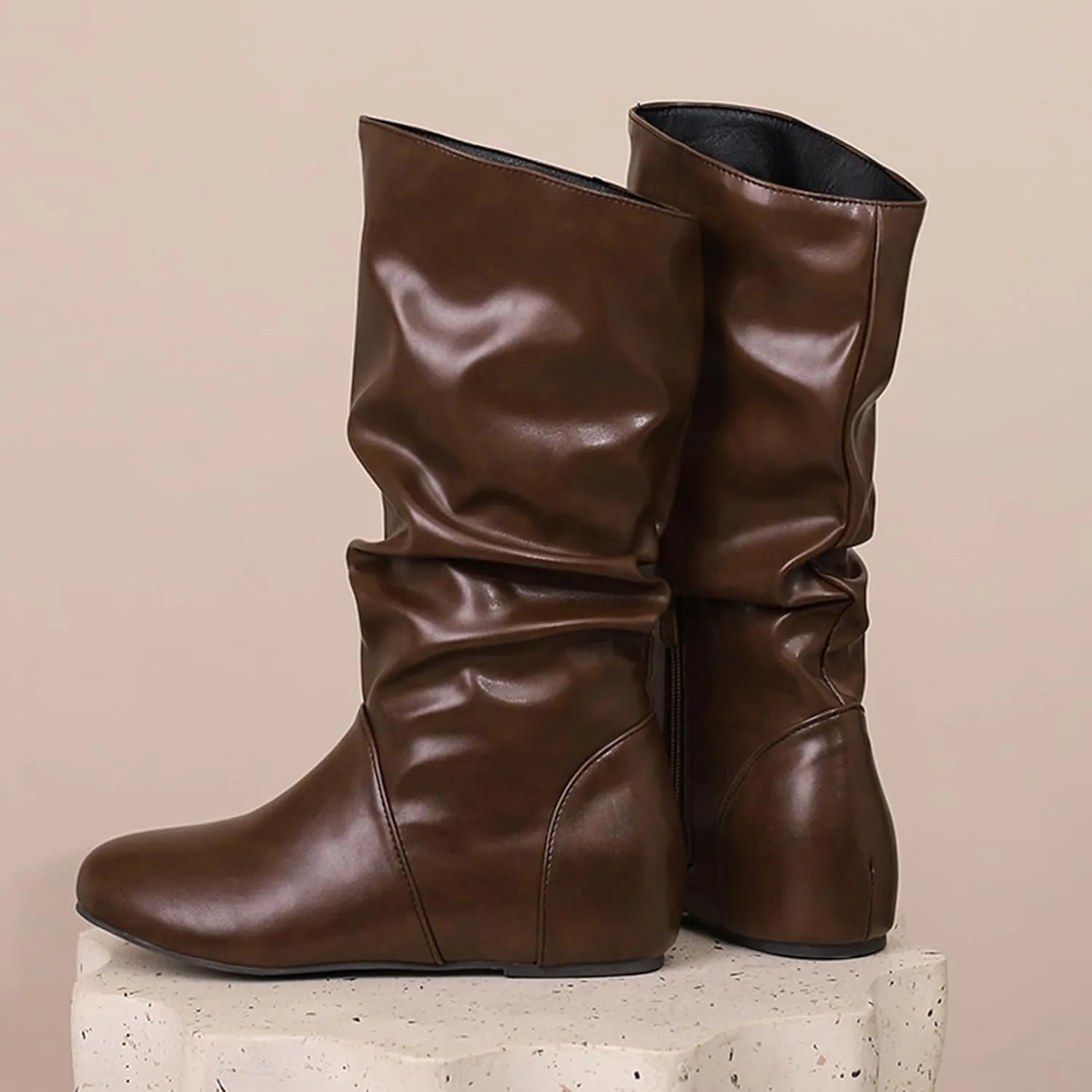 US 5-13.5 Oversize Women Slouch Mid Calf Flat Boots Wedge Low Heel Renaissance Comfort Casual Boots Pull On