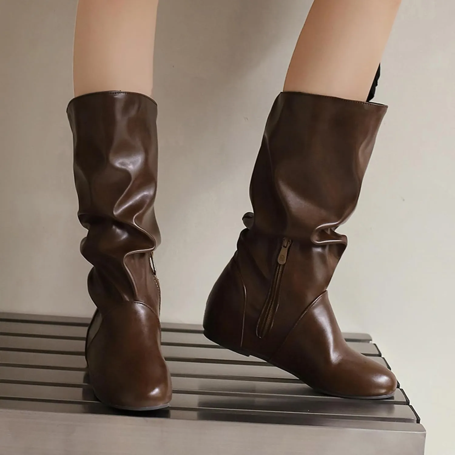 US 5-13.5 Oversize Women Slouch Mid Calf Flat Boots Wedge Low Heel Renaissance Comfort Casual Boots Pull On