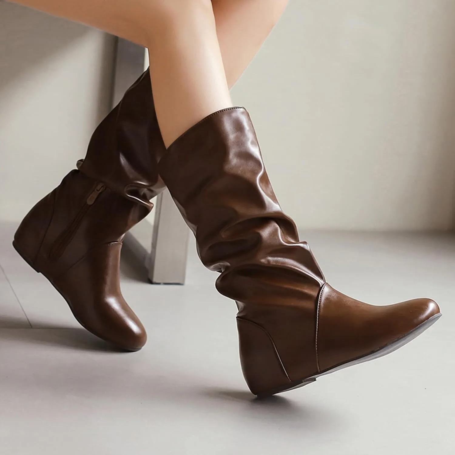 US 5-13.5 Oversize Women Slouch Mid Calf Flat Boots Wedge Low Heel Renaissance Comfort Casual Boots Pull On