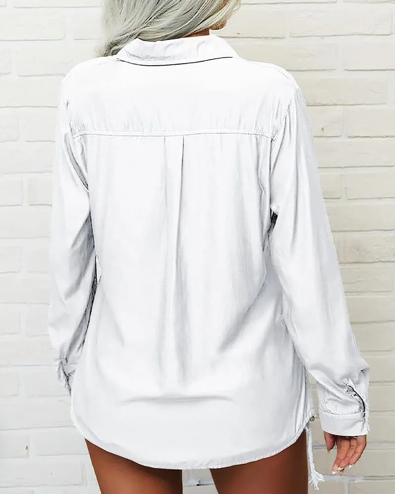 Veatzaer Womens Solid Lapel Long Sleeves Button Down Shirt Top Casual Basic Office Blouse