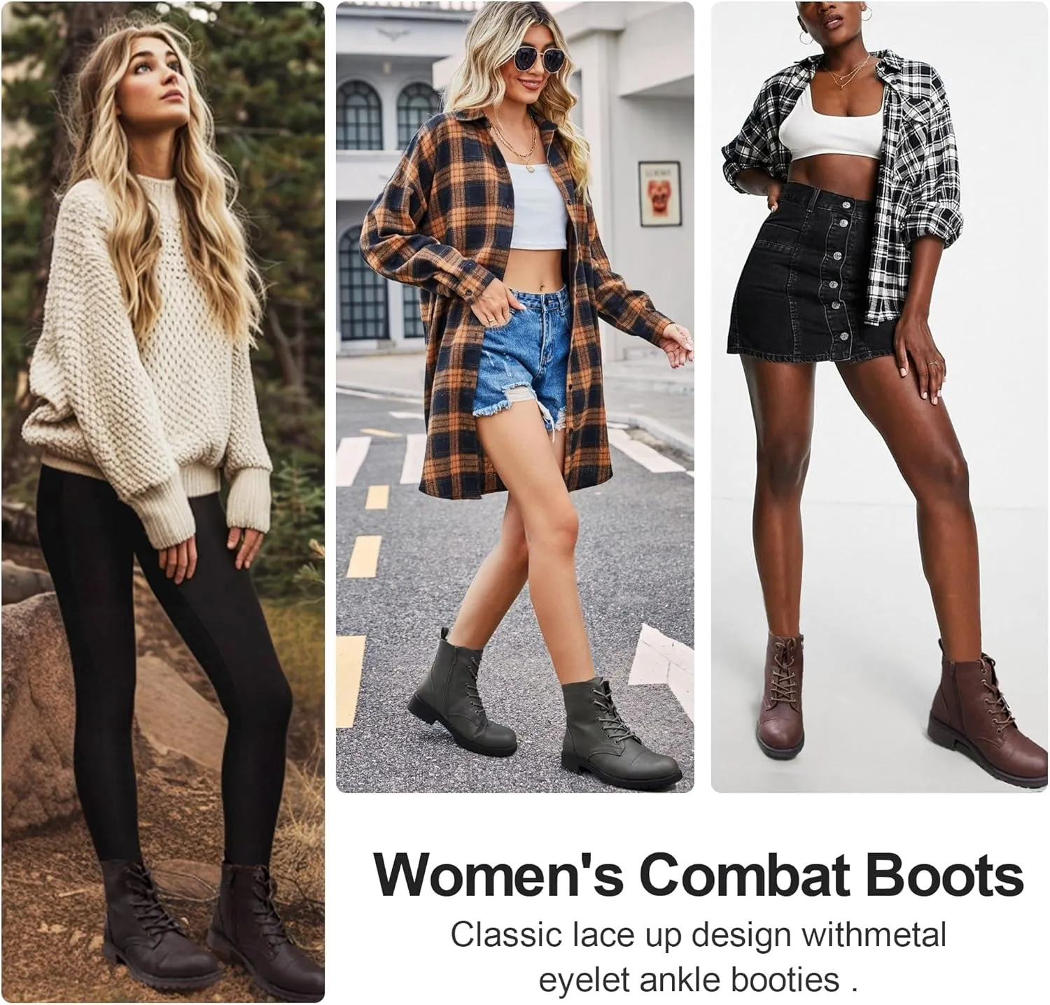 Vepose Women's Ankle Boots Lace up, Flat Fashion Combat Booties Low Heel
