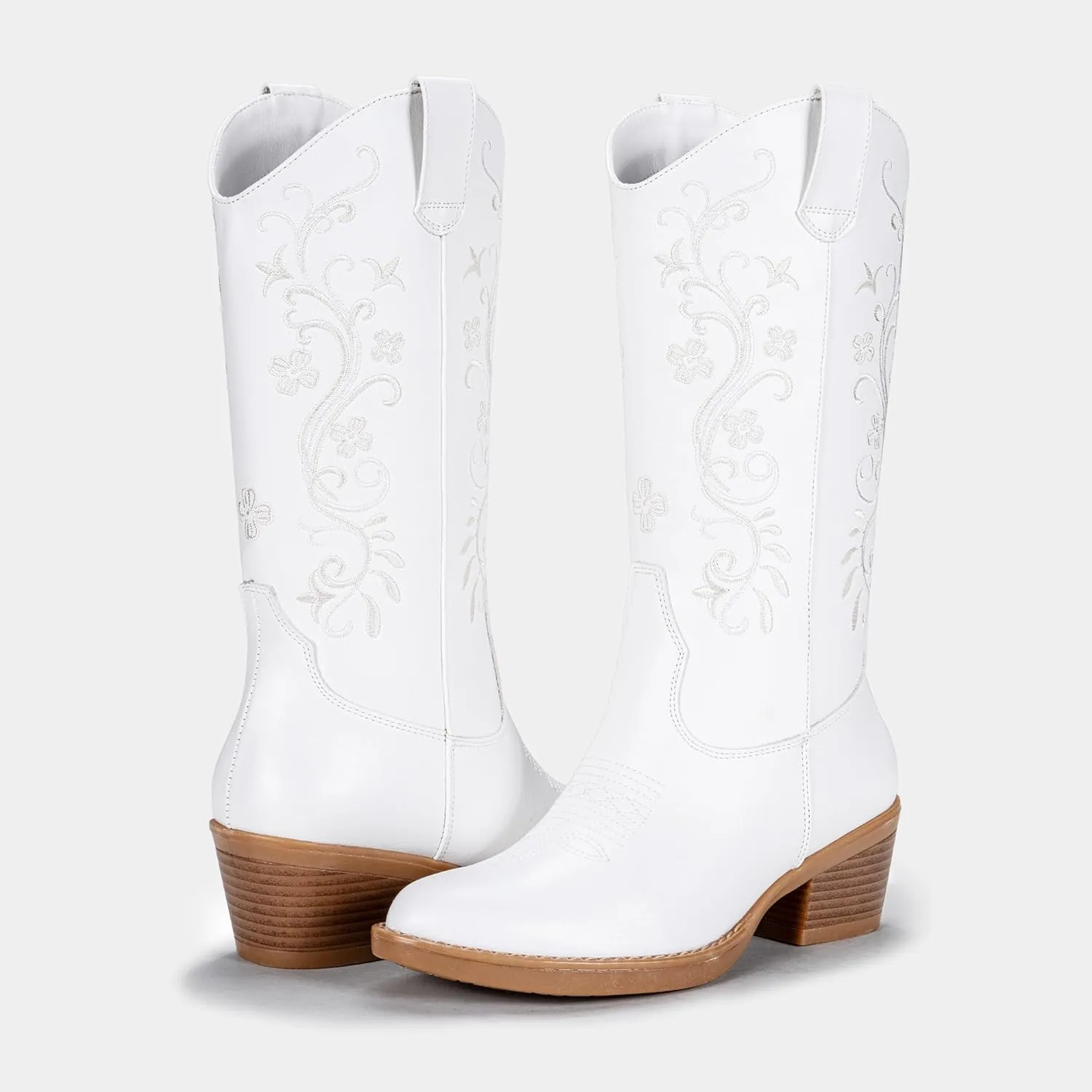 Vepose Women's Cowboy Boots, Embroidered Western Mid-Calf 9802 Cowgirl Boots, Pointed Toe Pull on Boots with Chunky Heel