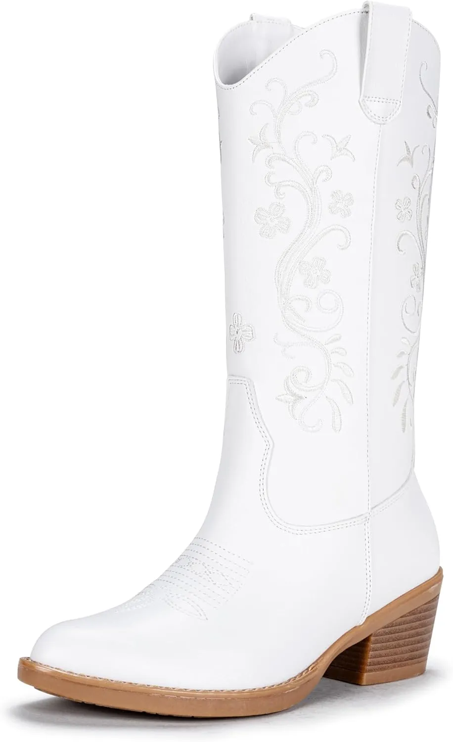 Vepose Women's Cowboy Boots, Embroidered Western Mid-Calf 9802 Cowgirl Boots, Pointed Toe Pull on Boots with Chunky Heel