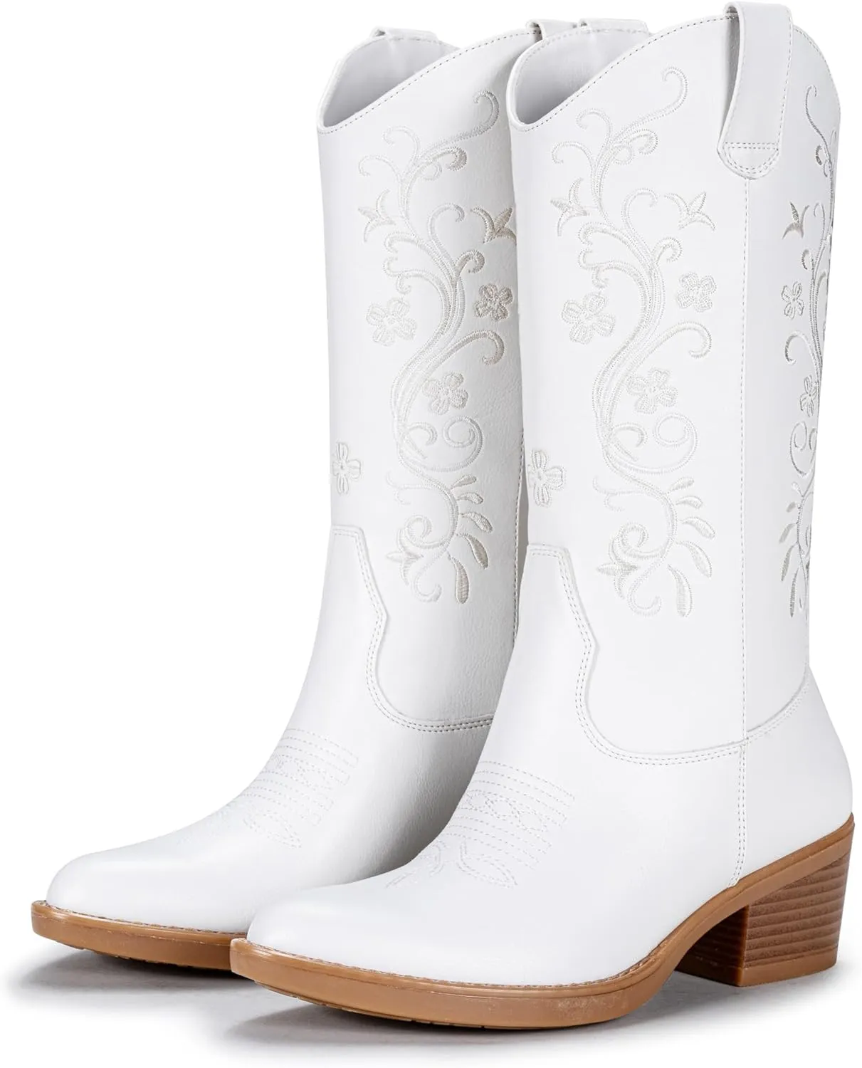 Vepose Women's Cowboy Boots, Embroidered Western Mid-Calf 9802 Cowgirl Boots, Pointed Toe Pull on Boots with Chunky Heel