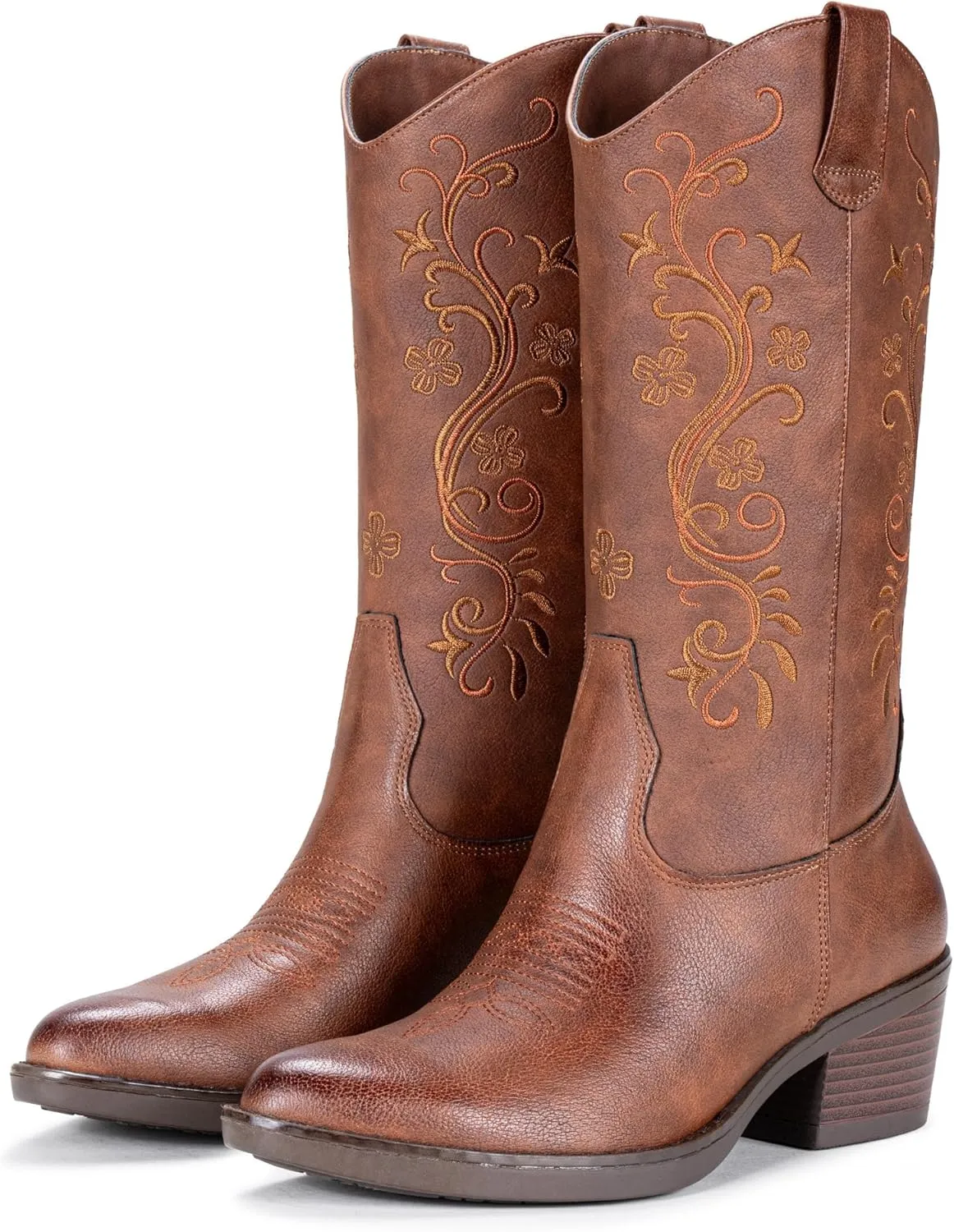 Vepose Women's Cowboy Boots, Embroidered Western Mid-Calf 9802 Cowgirl Boots, Pointed Toe Pull on Boots with Chunky Heel