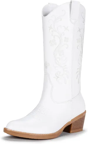 Vepose Women's Cowboy Boots, Embroidered Western Mid-Calf 9802 Cowgirl Boots, Pointed Toe Pull on Boots with Chunky Heel