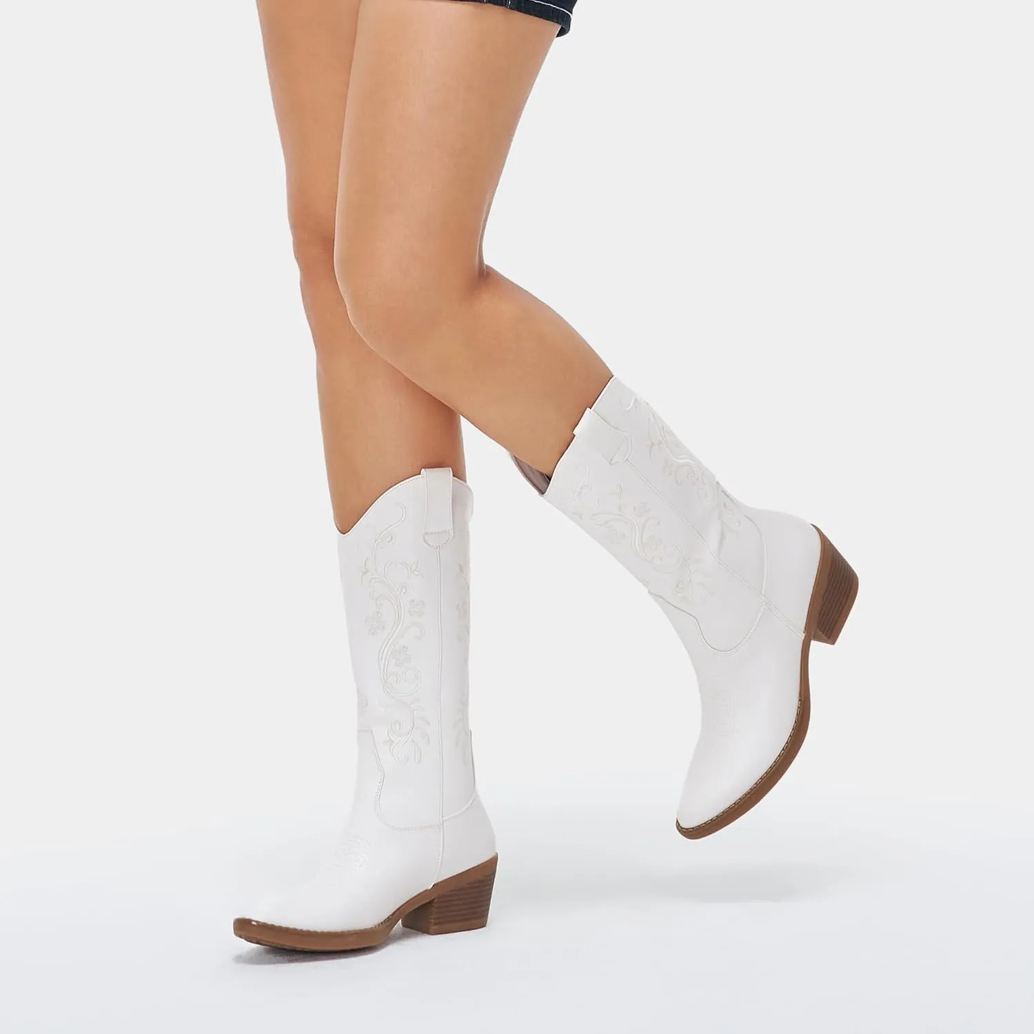 Vepose Women's Cowboy Boots, Embroidered Western Mid-Calf 9802 Cowgirl Boots, Pointed Toe Pull on Boots with Chunky Heel