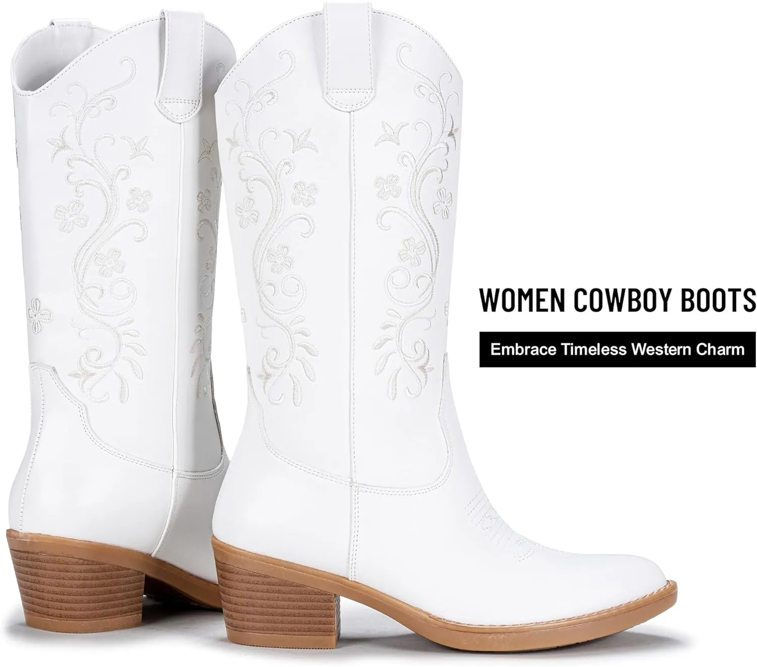 Vepose Women's Cowboy Boots, Embroidered Western Mid-Calf 9802 Cowgirl Boots, Pointed Toe Pull on Boots with Chunky Heel