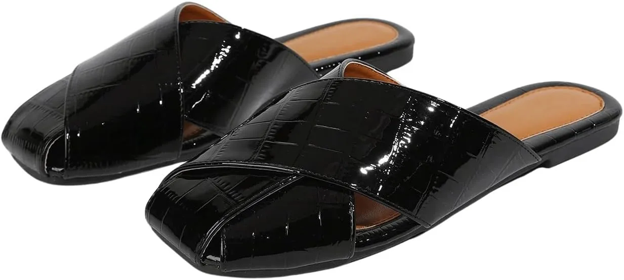 Verdusa Women's Crisscross Square Toe Flat Mules Slip On Slide Mules Backless Loafers