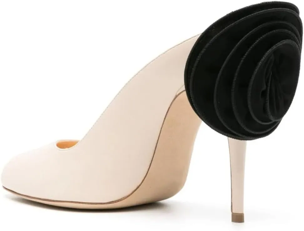 Vertundy High-Heeled Floral Mules For Women Pearl Pointed Closed Toe Backless Velvet Mules Sandals Slip On Bridal Wedding Mule Pumps Black