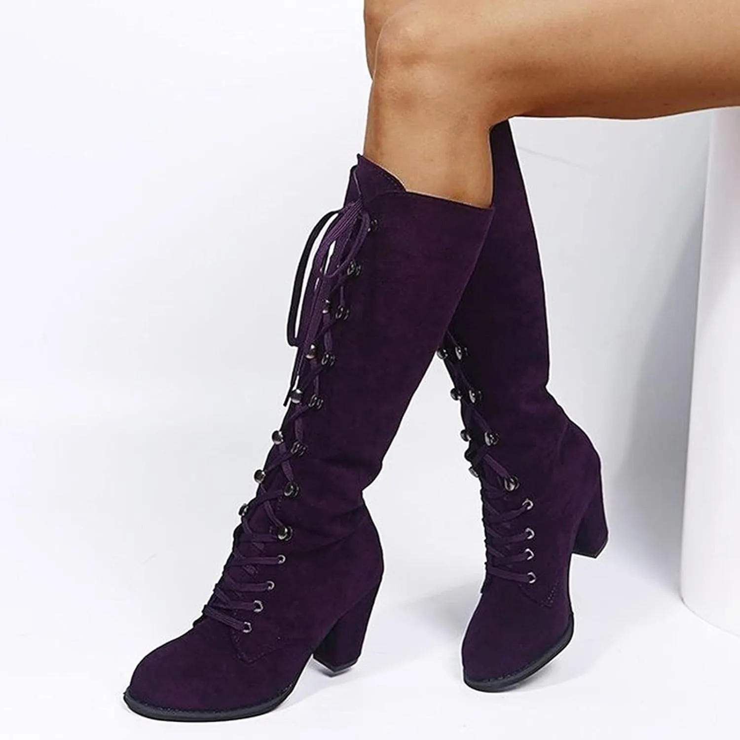 Victorian Boots for Women Medieval Vintage Chunky Heel Boots Fall Winter Suede Lace Up Mid Calf Boot Goth Steampunk Halloween
