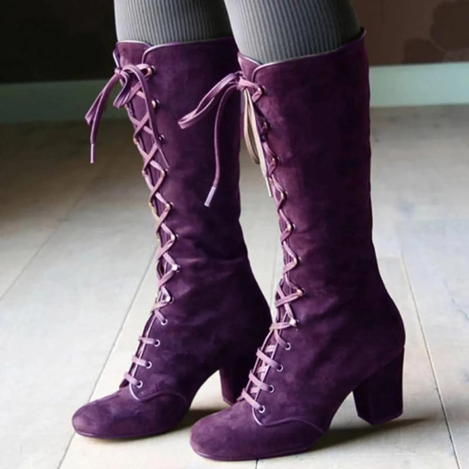Victorian Boots for Women Medieval Vintage Chunky Heel Boots Fall Winter Suede Lace Up Mid Calf Boot Goth Steampunk Halloween