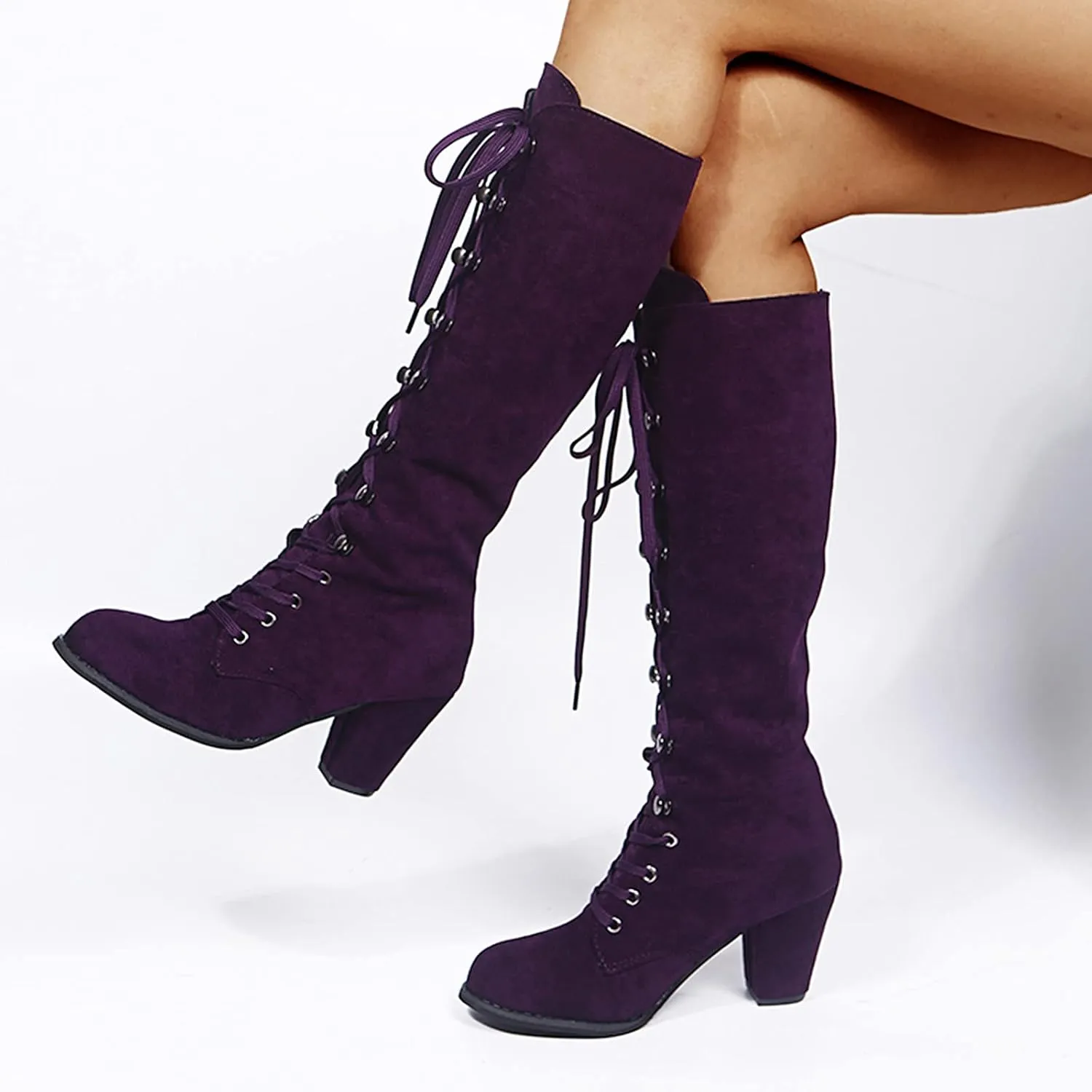 Victorian Boots for Women Medieval Vintage Chunky Heel Boots Fall Winter Suede Lace Up Mid Calf Boot Goth Steampunk Halloween