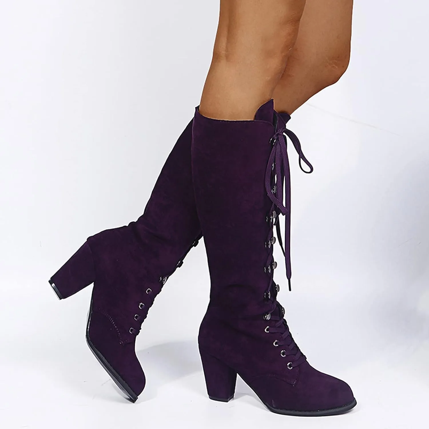 Victorian Boots for Women Medieval Vintage Chunky Heel Boots Fall Winter Suede Lace Up Mid Calf Boot Goth Steampunk Halloween