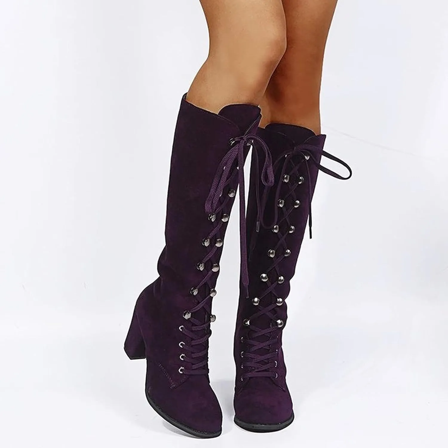 Victorian Boots for Women Medieval Vintage Chunky Heel Boots Fall Winter Suede Lace Up Mid Calf Boot Goth Steampunk Halloween