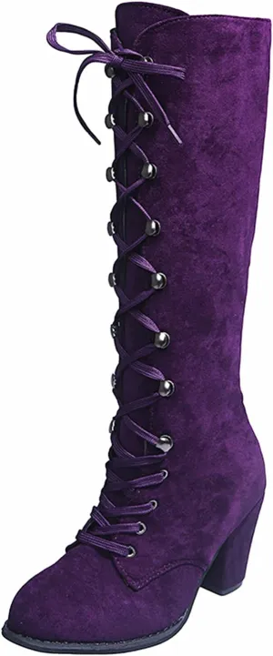 Victorian Boots for Women Medieval Vintage Chunky Heel Boots Fall Winter Suede Lace Up Mid Calf Boot Goth Steampunk Halloween