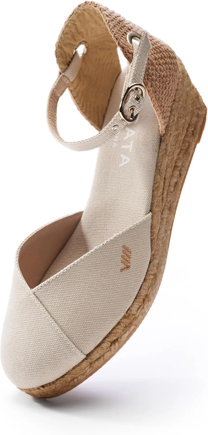 Viscata Pubol Espadrille Canvas Low Wedges with Ankle Strap Spain Handmade 2” Heel Women's Sandals with Breathable Organic Cotton Canvas and 100% Natural Jute for all Occasions: Casual, Work, Party