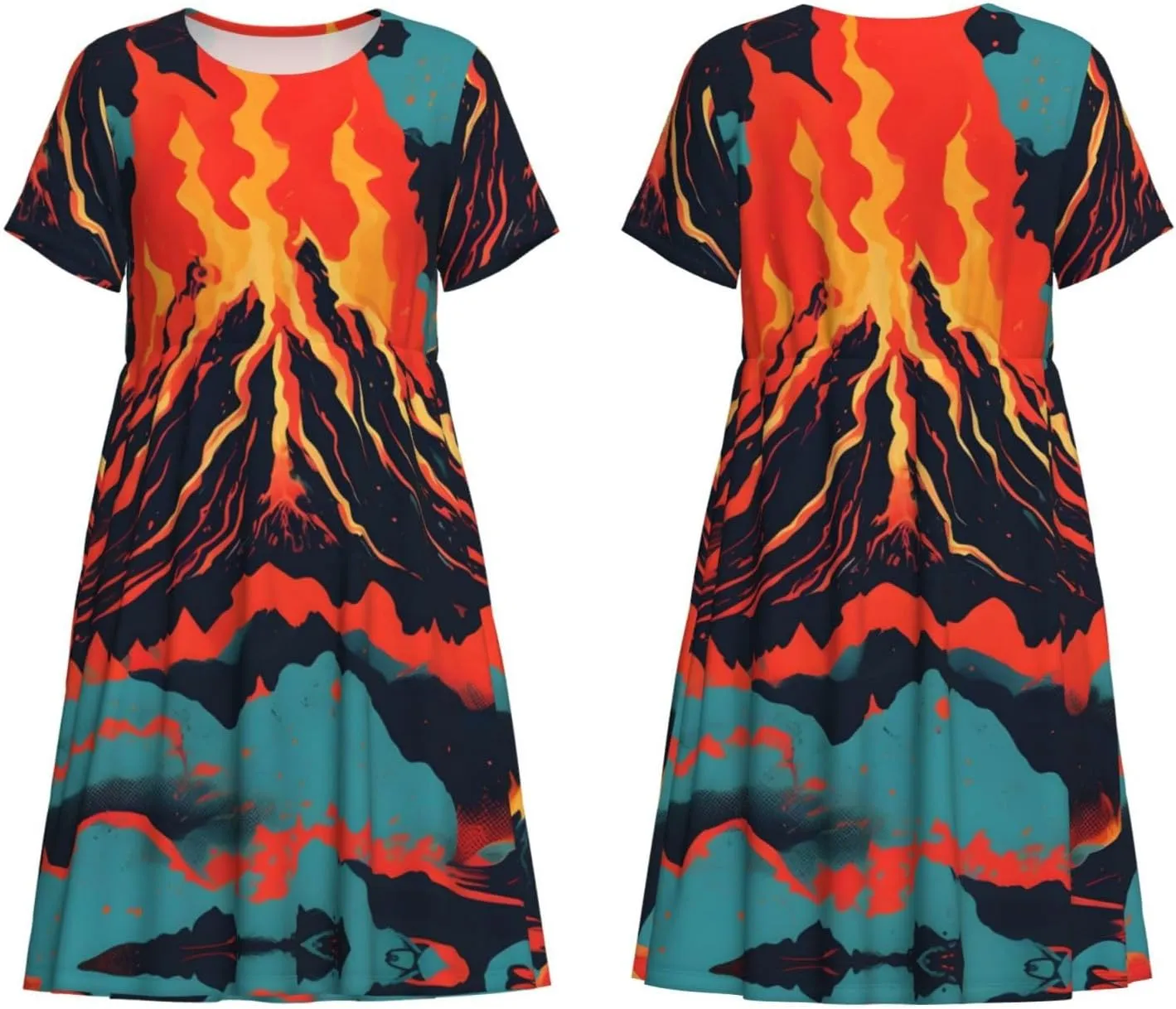 Volcano Print Summer Dresses for Women,Casual Maxi Dress,for Easter and Beach Vacation