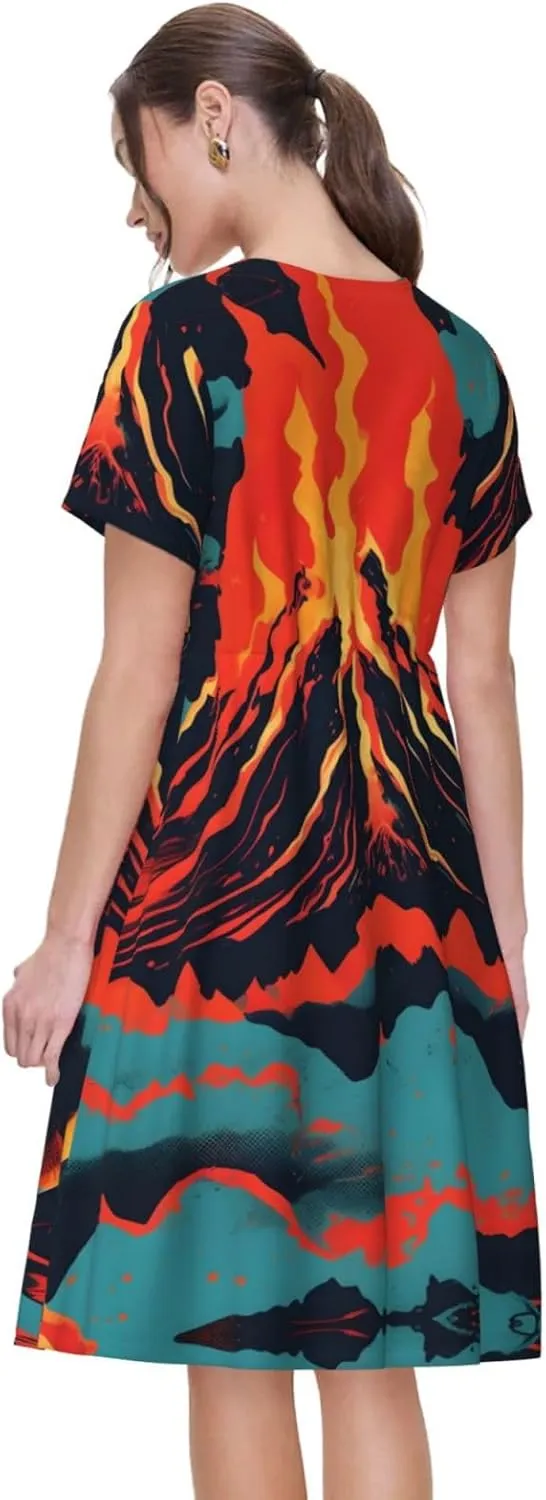 Volcano Print Summer Dresses for Women,Casual Maxi Dress,for Easter and Beach Vacation