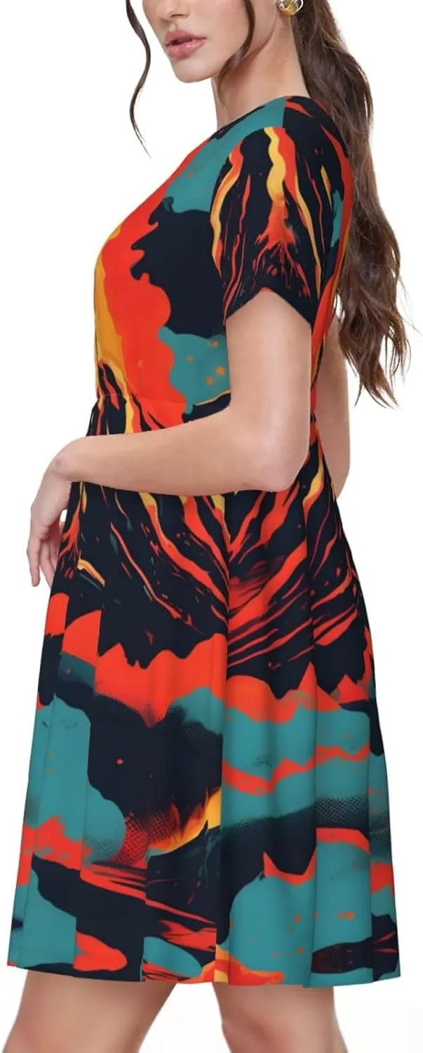 Volcano Print Summer Dresses for Women,Casual Maxi Dress,for Easter and Beach Vacation