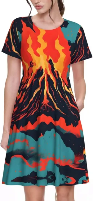 Volcano Print Summer Dresses for Women,Casual Maxi Dress,for Easter and Beach Vacation