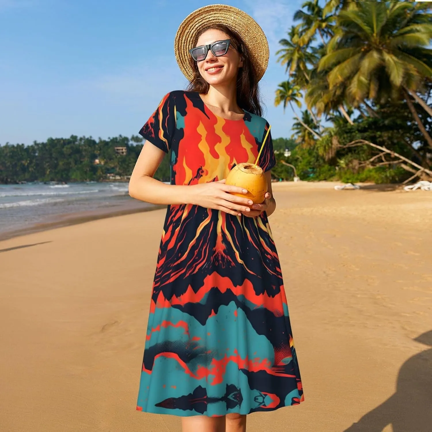 Volcano Print Summer Dresses for Women,Casual Maxi Dress,for Easter and Beach Vacation