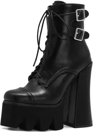 Vujkliy Women's Thick Heel Platform 5.9IN Short Boots Round Toe Front Lace Side Zipper Fashion High Heel Boots