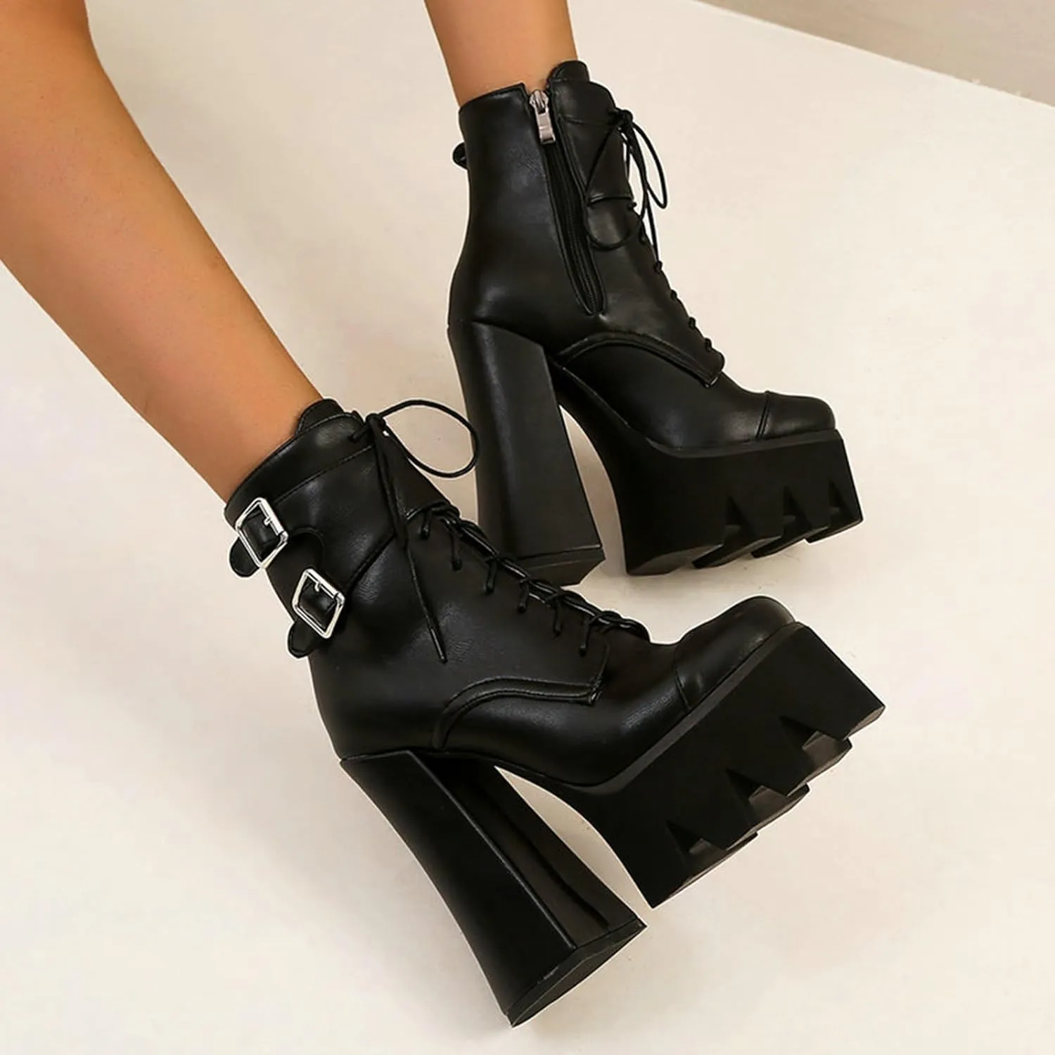 Vujkliy Women's Thick Heel Platform 5.9IN Short Boots Round Toe Front Lace Side Zipper Fashion High Heel Boots