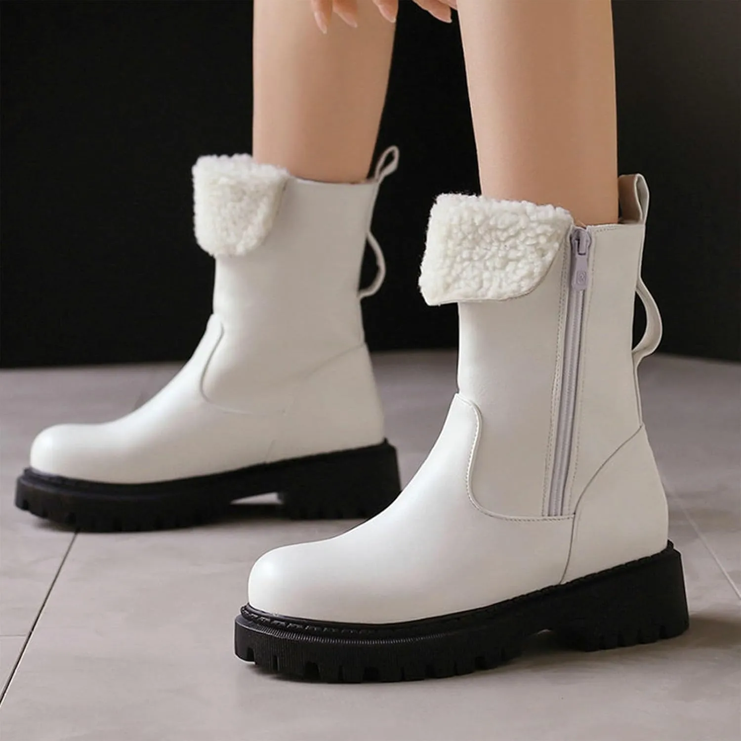 Warm Snow Boots, Women's Mid-Calf Boots Round Toe Thick Sole Thick Heel Side Zipper Raw Edge Plush Lining Boots Thick Warm Comfortable Large Cotton Shoes