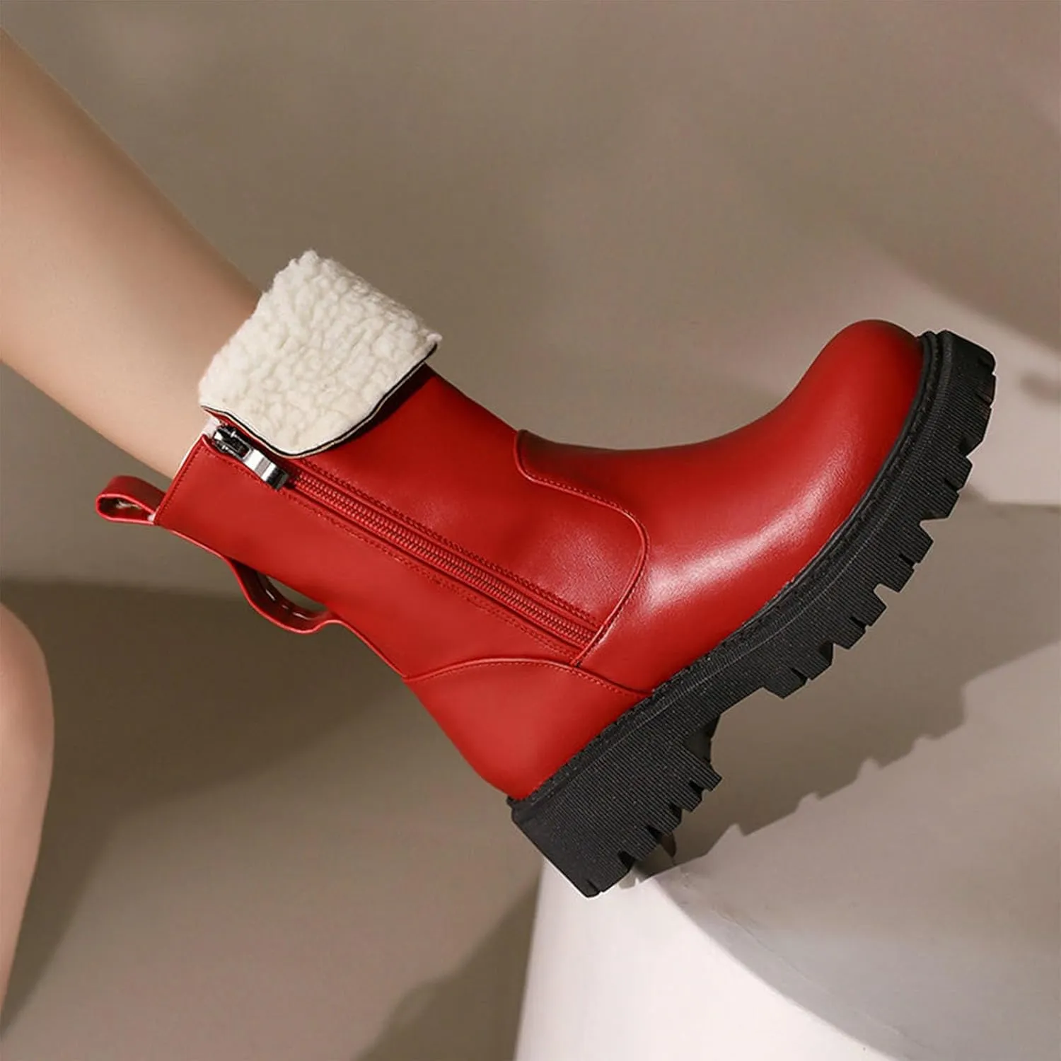 Warm Snow Boots, Women's Mid-Calf Boots Round Toe Thick Sole Thick Heel Side Zipper Raw Edge Plush Lining Boots Thick Warm Comfortable Large Cotton Shoes