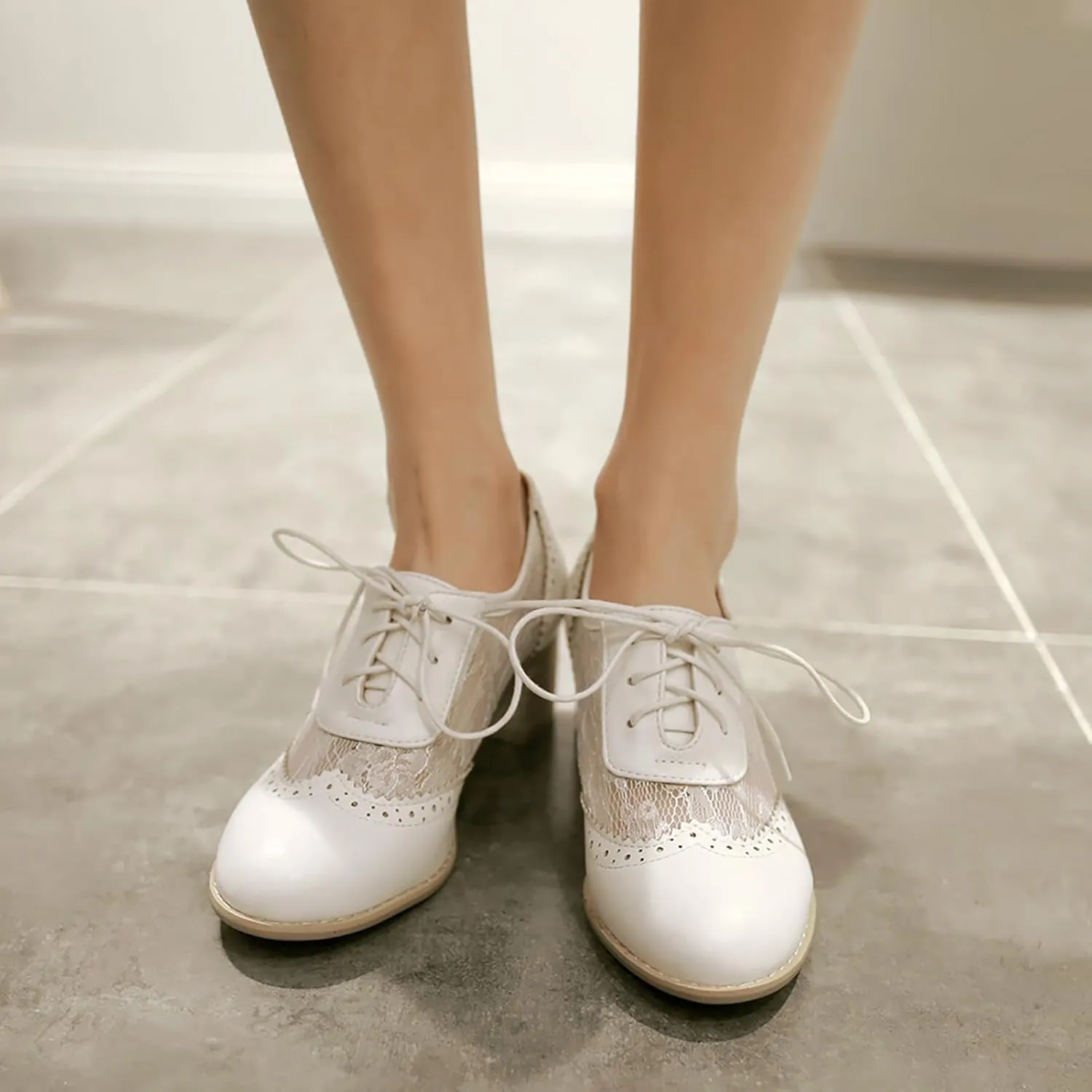 Wavyvigs Lace Oxford Heels Chunky Block Heel Vintage Pumps Round Toe Bridal Shoes